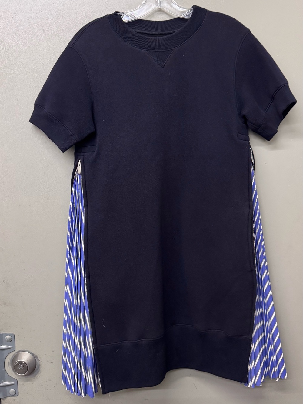 Sacai Mini Dress Women Size 2 Navy Blue Cotton Contrast Zip Side Sweatshirt